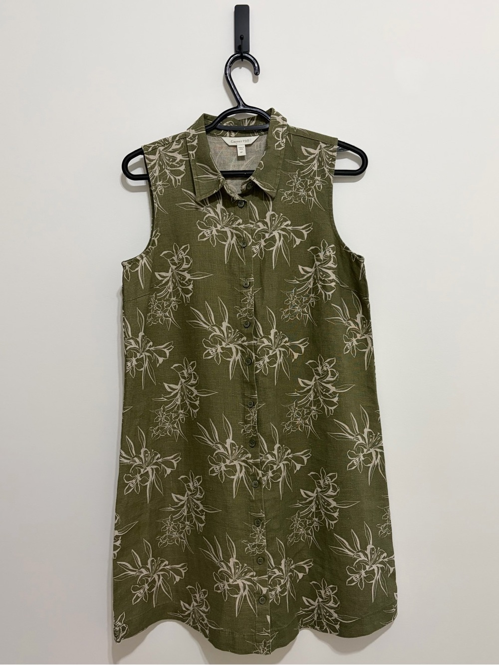 Sleeveless Olive Green Floral Button-Front Shirt Dress 100% Linen